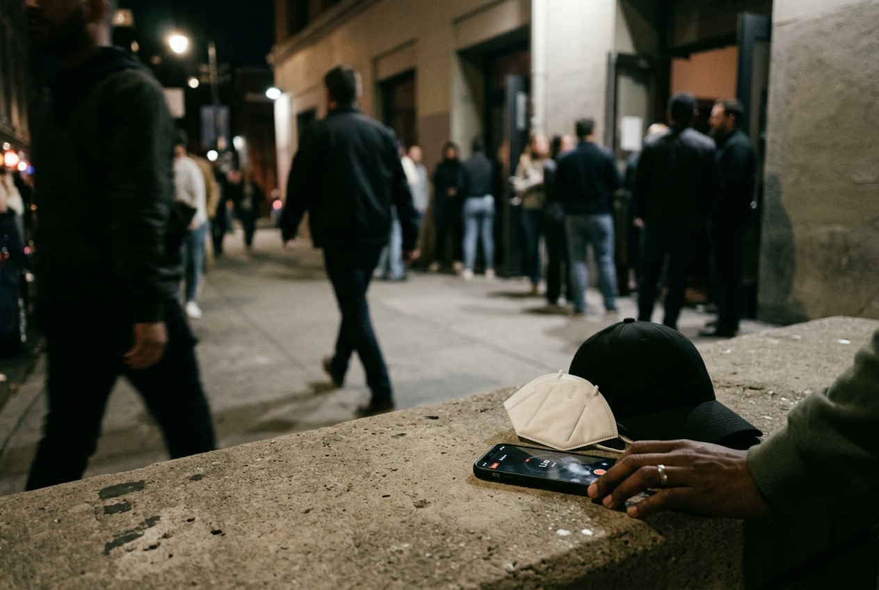 A phone with a red Live indicator beside a folded white KN95 and plain black baseball cap on concrete.