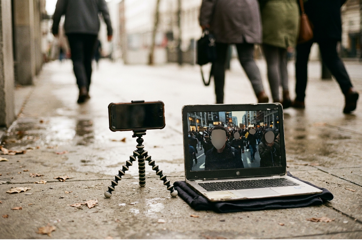 A phone on a small sidewalk tripod records a march while an operator reviews a redaction mask on a laptop.
