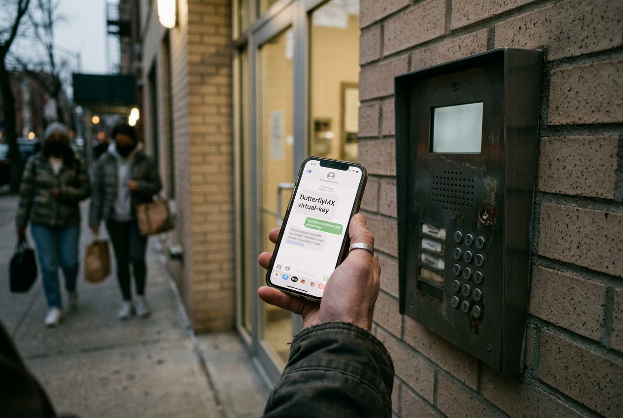 A guest holds a phone showing a building entry link beside a wall-mounted smart intercom.