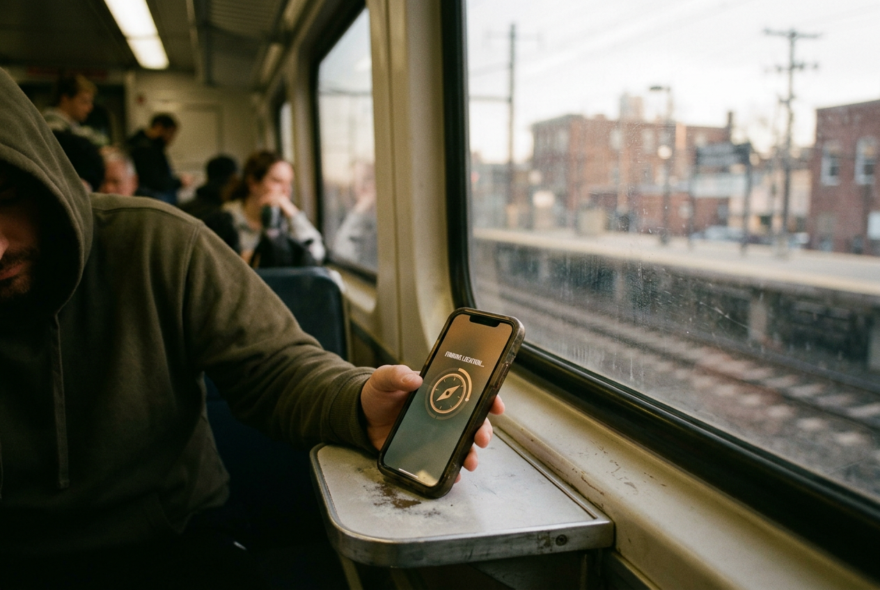 A sportsbook location-check screen on a phone beside a New Jersey transit window.