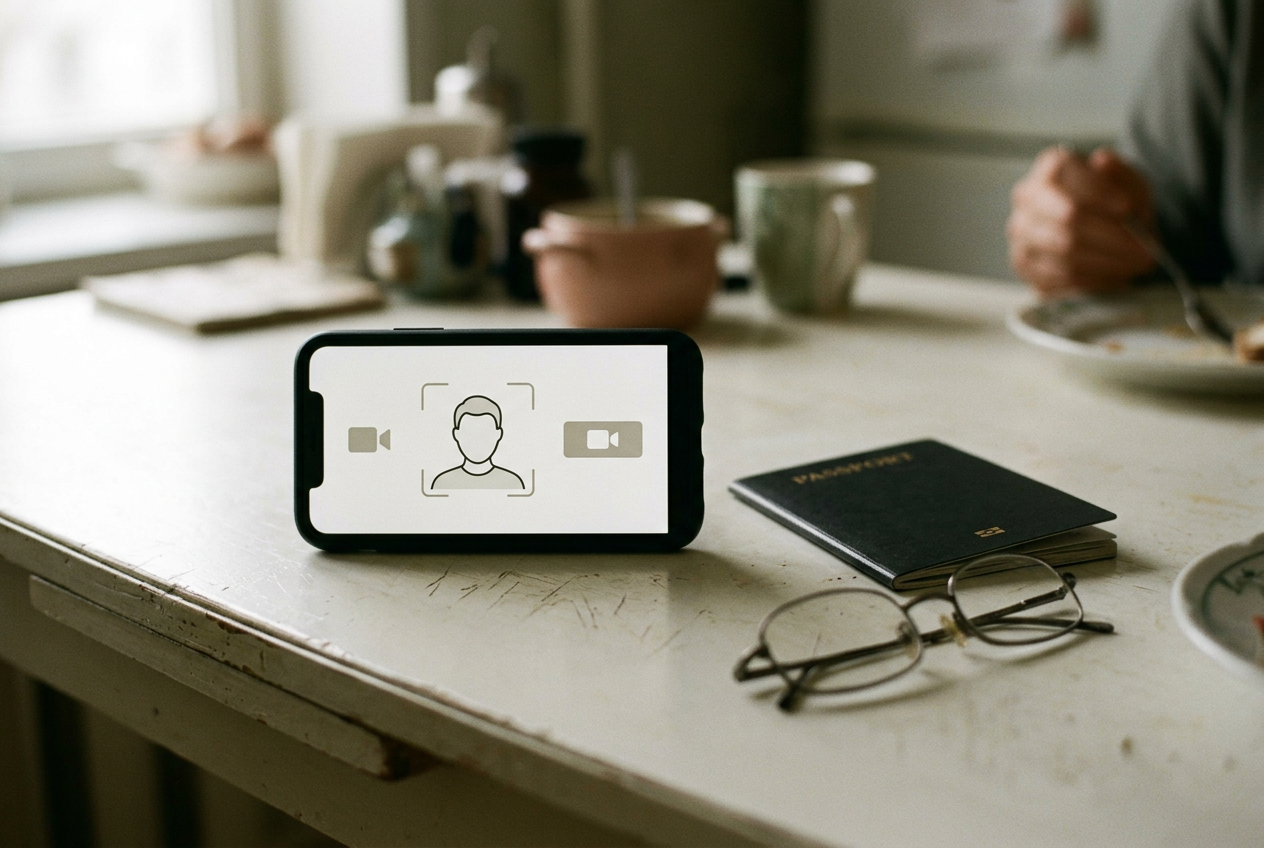 A smartphone showing an age-check screen beside a closed passport and a pair of glasses on a plain table.