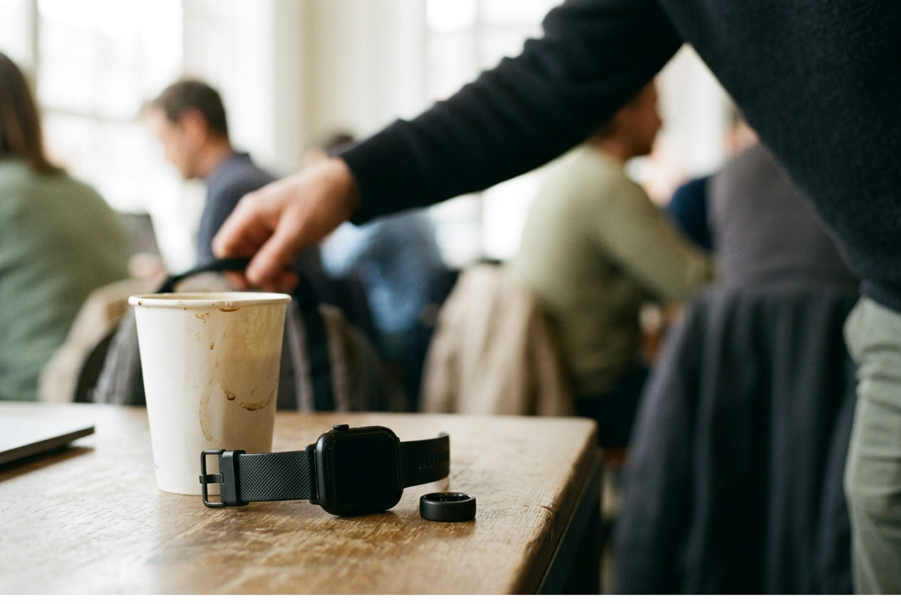 A smartwatch with a black silicone strap beside an Oura ring and a paper coffee cup on a desk.