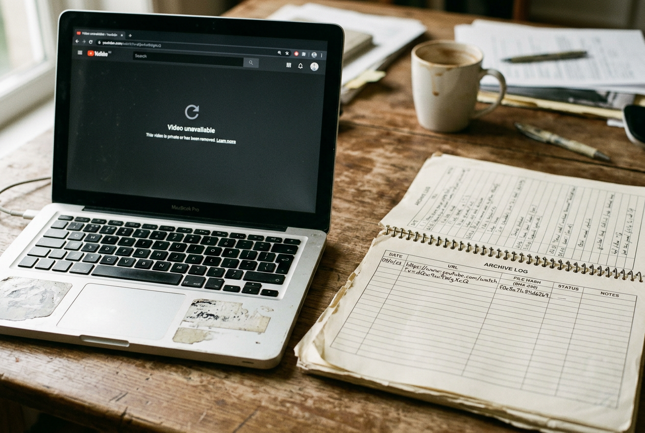 A laptop displays an unavailable YouTube video beside a printed archive log listing links and file checksums.
