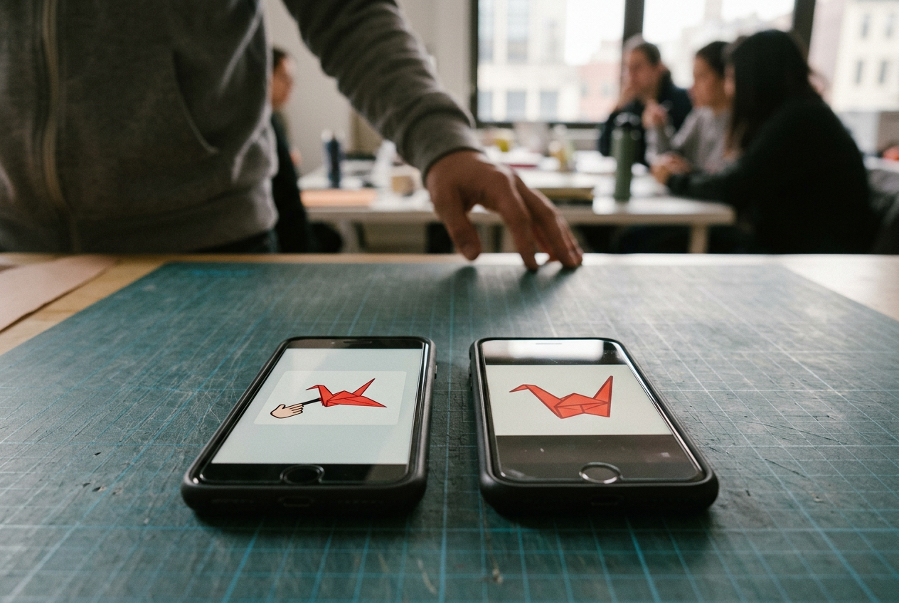 Two phones show the same red paper-crane Short, with a creator label visible on only one upload.