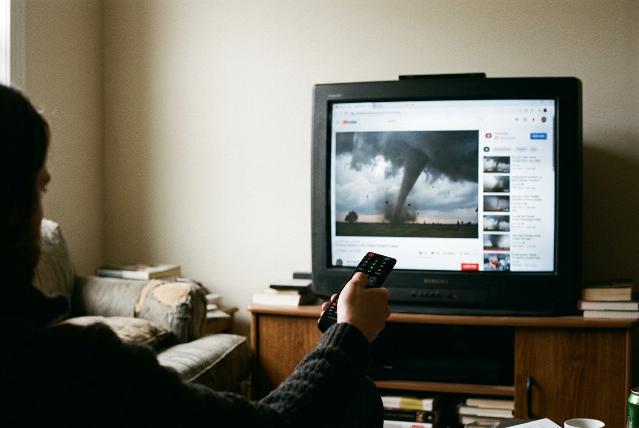 A television paused on synthetic tornado footage with YouTube’s description panel open beside the video.