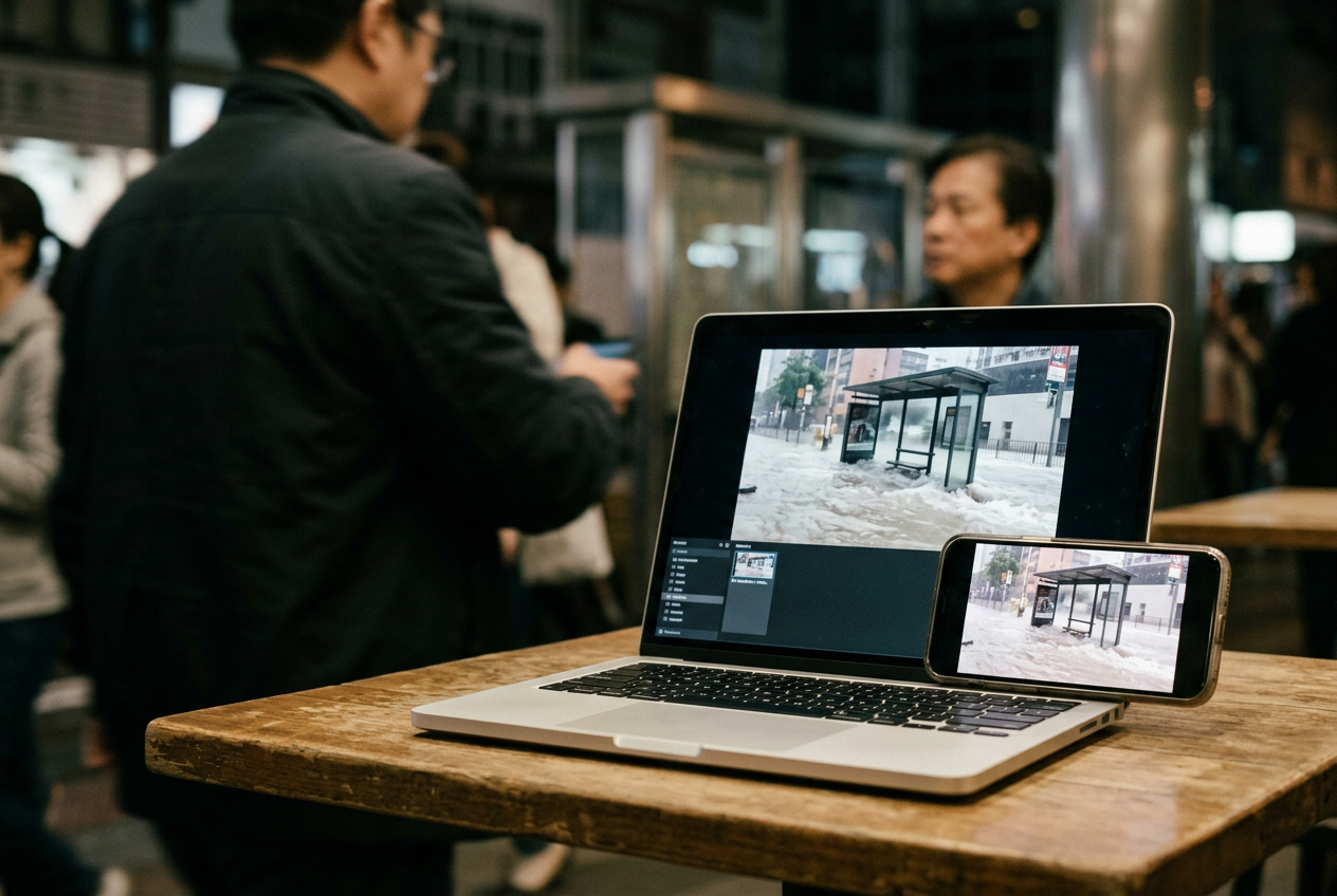 A laptop and phone show the same synthetic flood video, with YouTube’s description panel open only on the laptop.