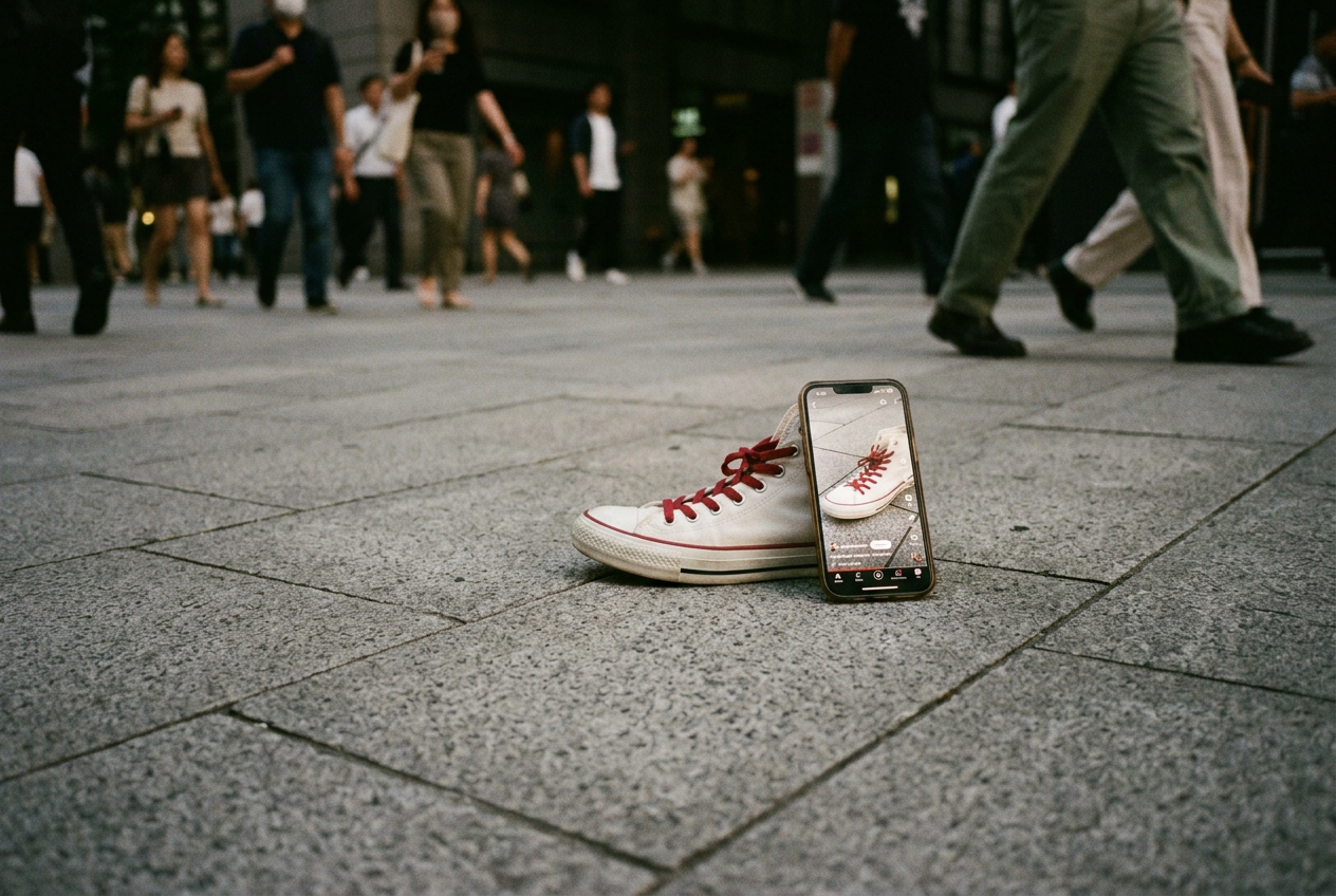 A white canvas sneaker with bright red laces rests on gray paving beside a phone showing a YouTube Short.