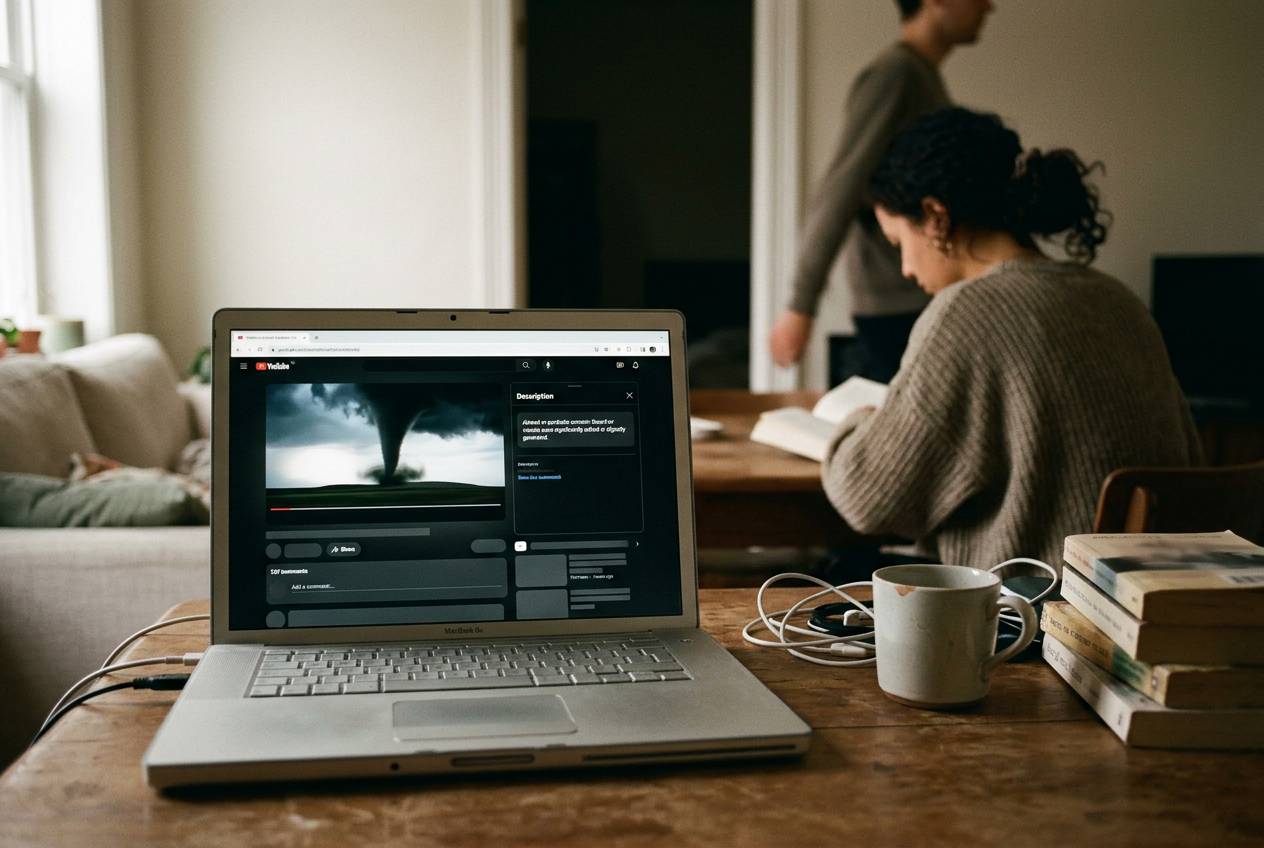 A laptop showing a YouTube video description opened to an altered-content disclosure beneath the player.