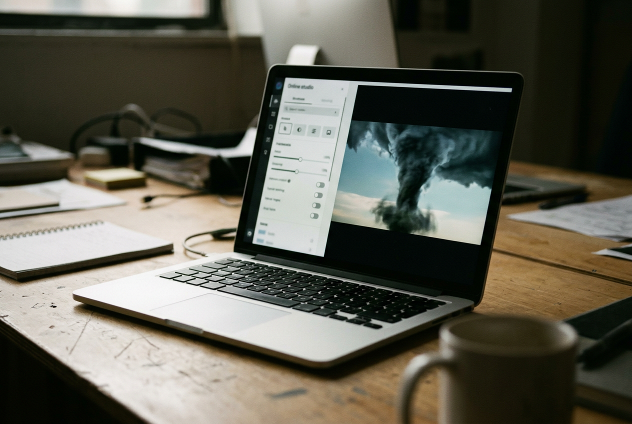 A laptop showing YouTube’s altered-content control beside a generated tornado approaching a real town